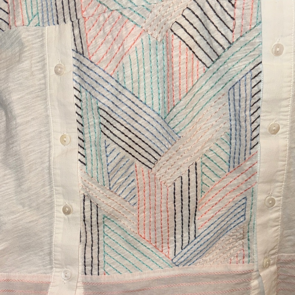 Cap-Sleeve Geometric Stripe embroidered Tee in White with Pastel Accents - Picture 5 of 7